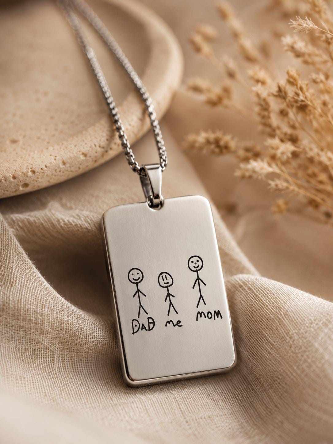 Personalized Handwriting Necklace, Custom Child Drawing Pendant, Stainless Steel Keepsake
