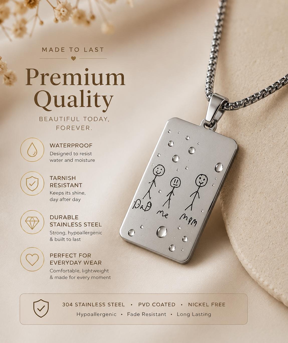 Personalized Handwriting Necklace, Custom Child Drawing Pendant, Stainless Steel Keepsake