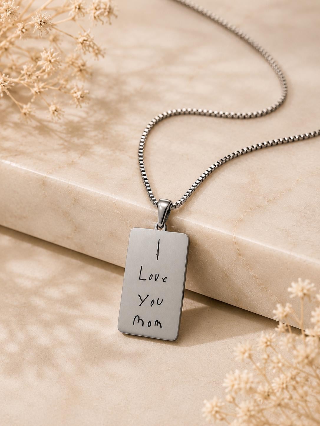 Personalized Handwriting Engraved Rectangle Pendant Necklace, Kids Writing Keepsake