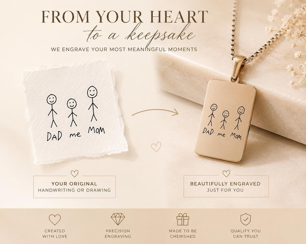 Personalized Handwriting Necklace, Custom Child Drawing Pendant, Stainless Steel Keepsake