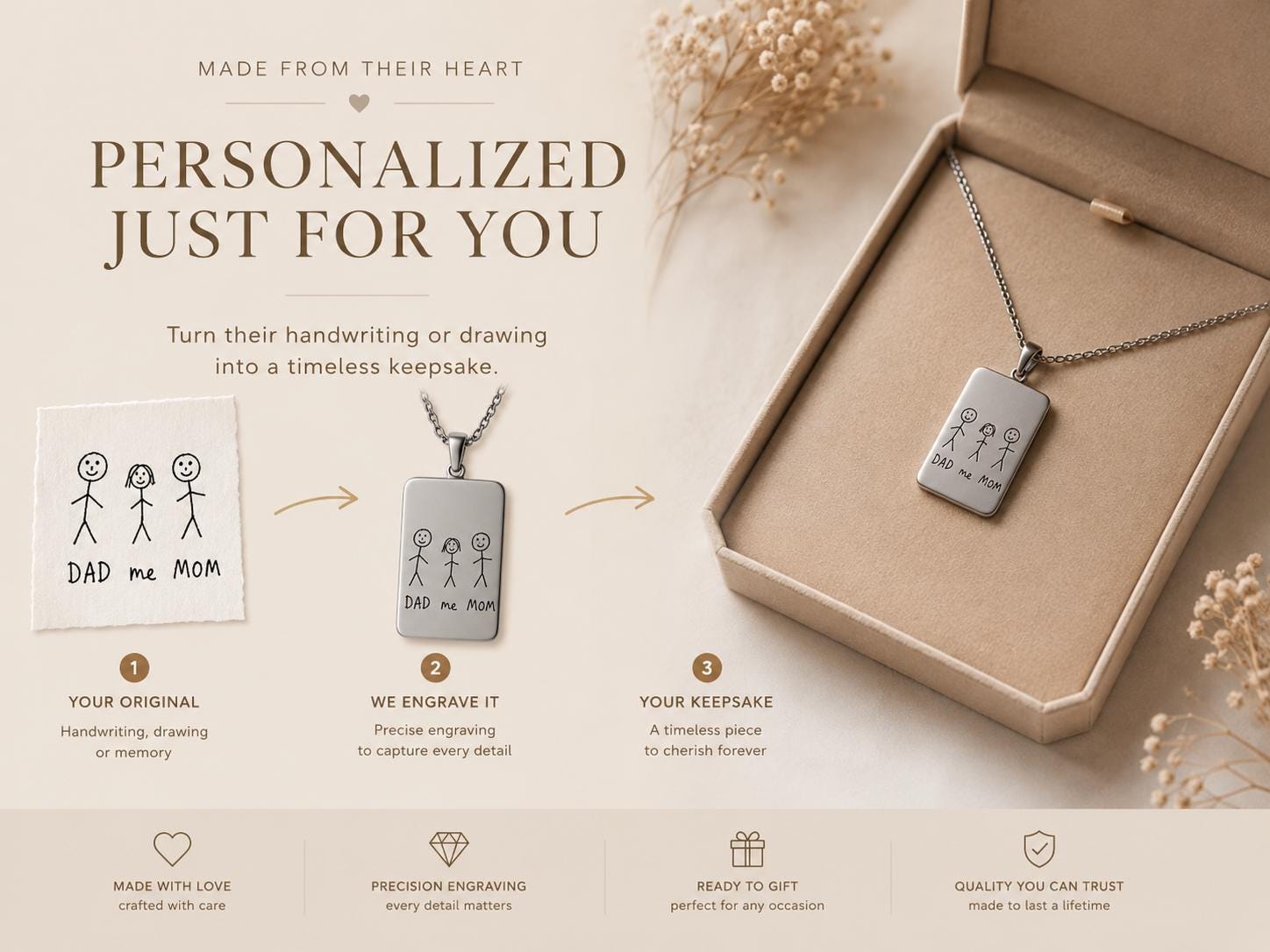 Personalized Handwriting Necklace, Custom Child Drawing Pendant, Stainless Steel Keepsake