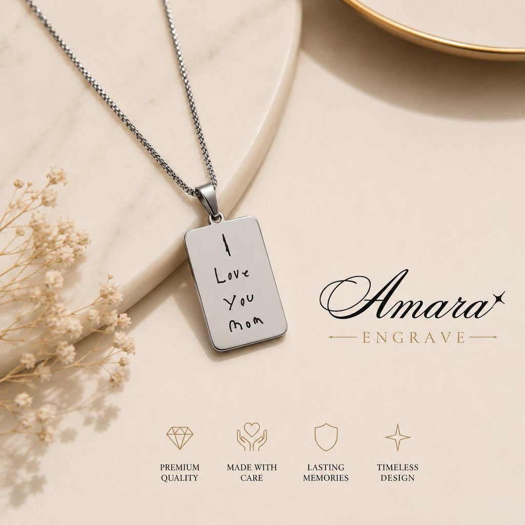 Personalized Handwriting Engraved Rectangle Pendant Necklace, Kids Writing Keepsake