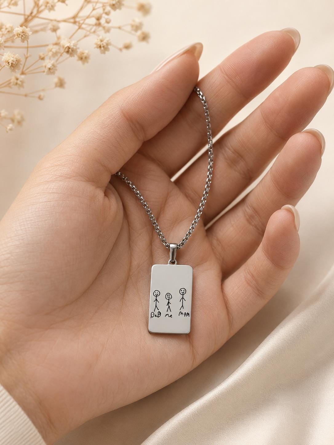 Personalized Handwriting Necklace, Custom Child Drawing Pendant, Stainless Steel Keepsake