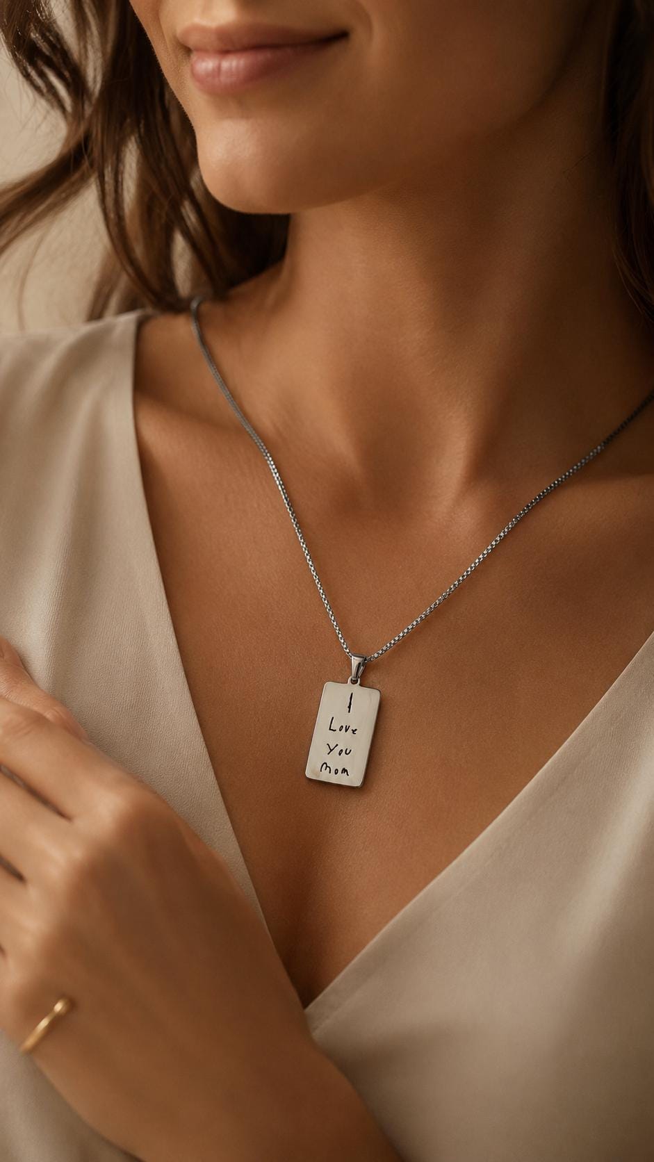 Personalized Handwriting Engraved Rectangle Pendant Necklace, Kids Writing Keepsake
