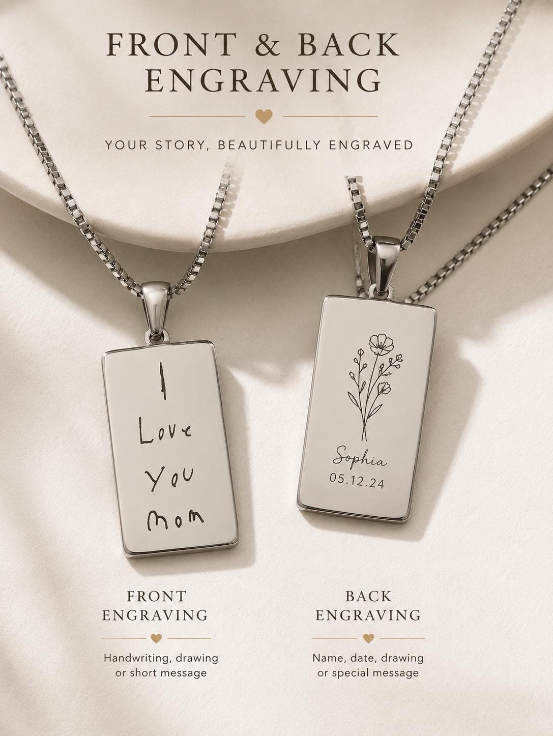 Personalized Handwriting Engraved Rectangle Pendant Necklace, Kids Writing Keepsake