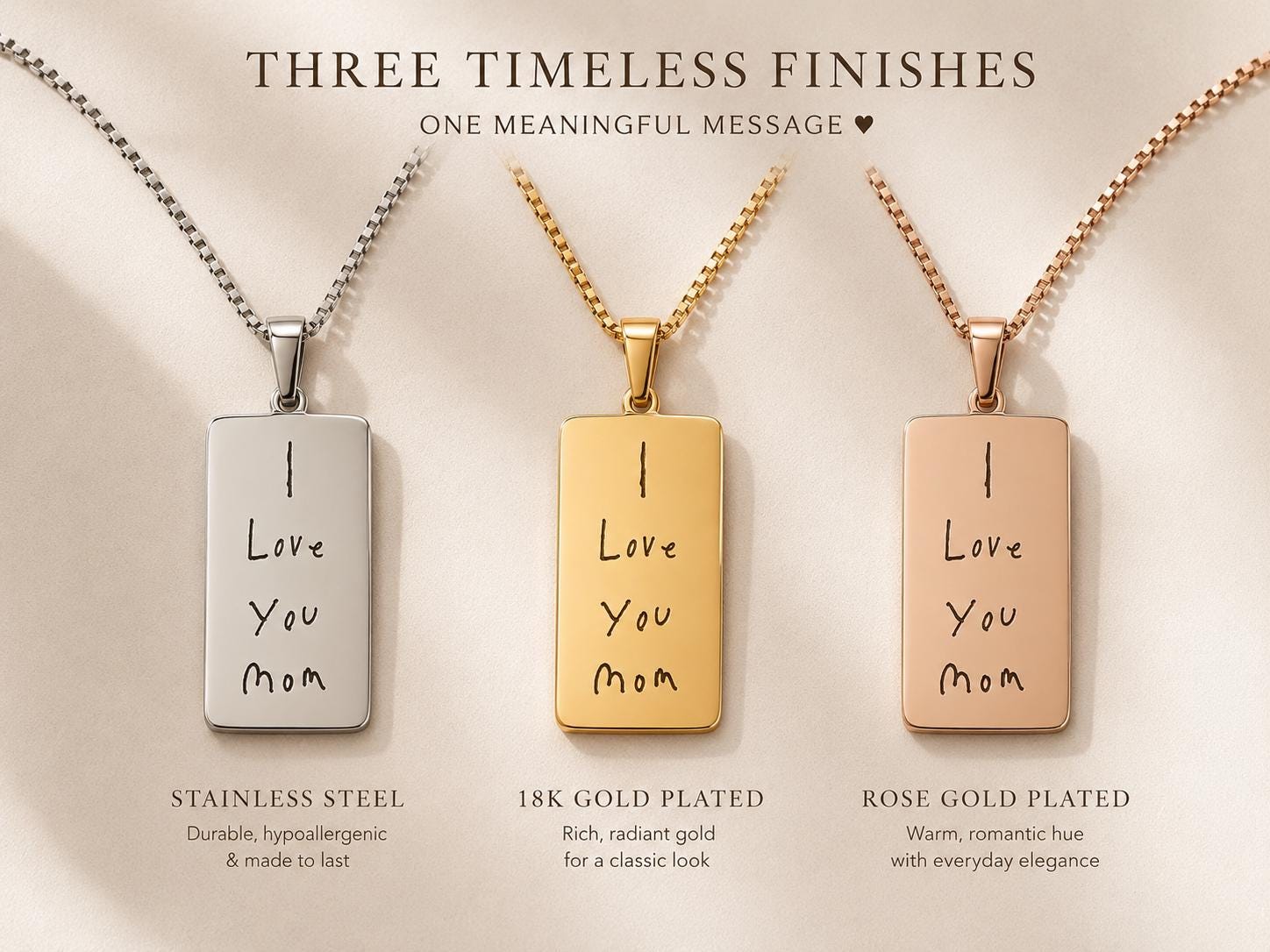 Personalized Handwriting Engraved Rectangle Pendant Necklace, Kids Writing Keepsake