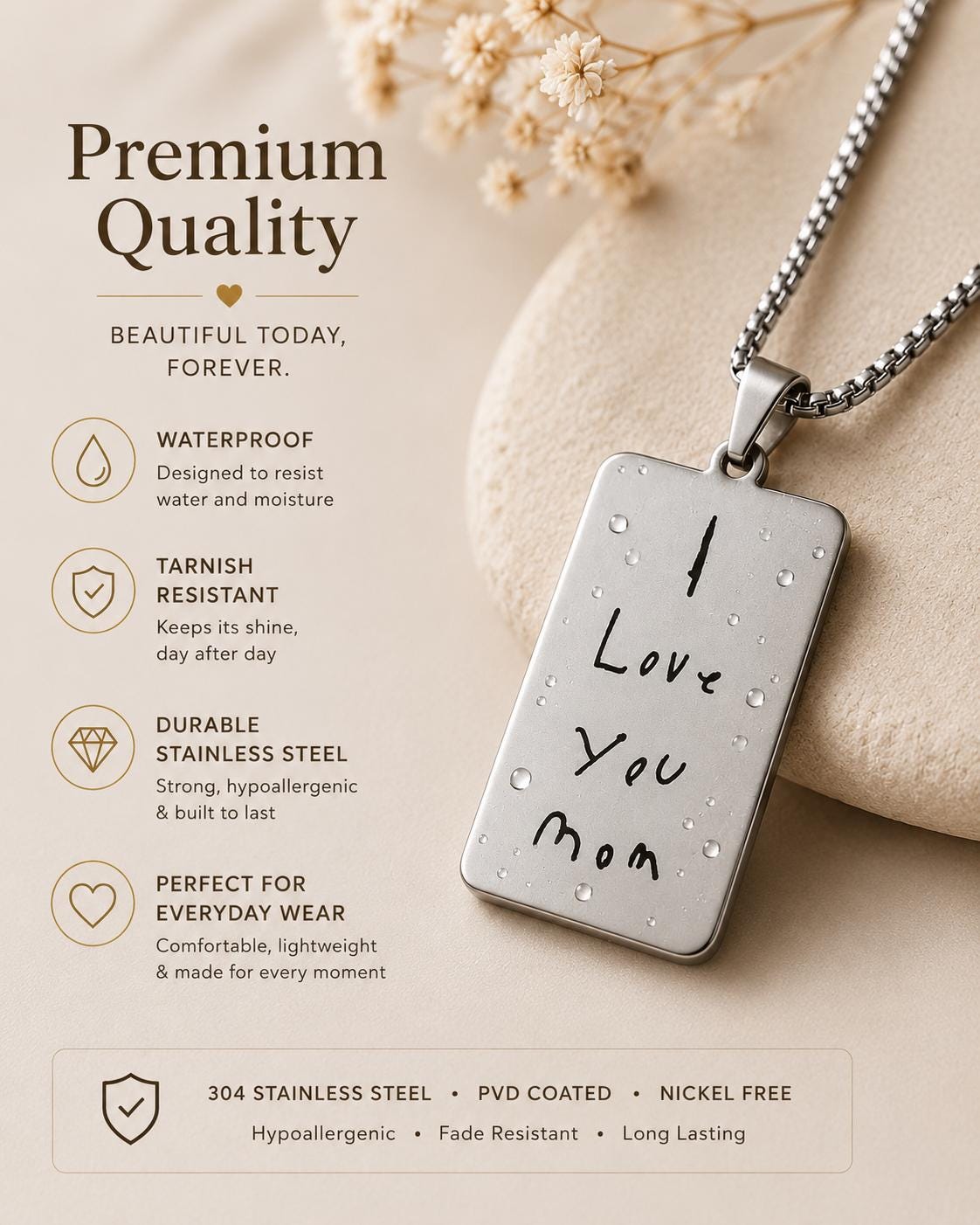 Personalized Handwriting Engraved Rectangle Pendant Necklace, Kids Writing Keepsake