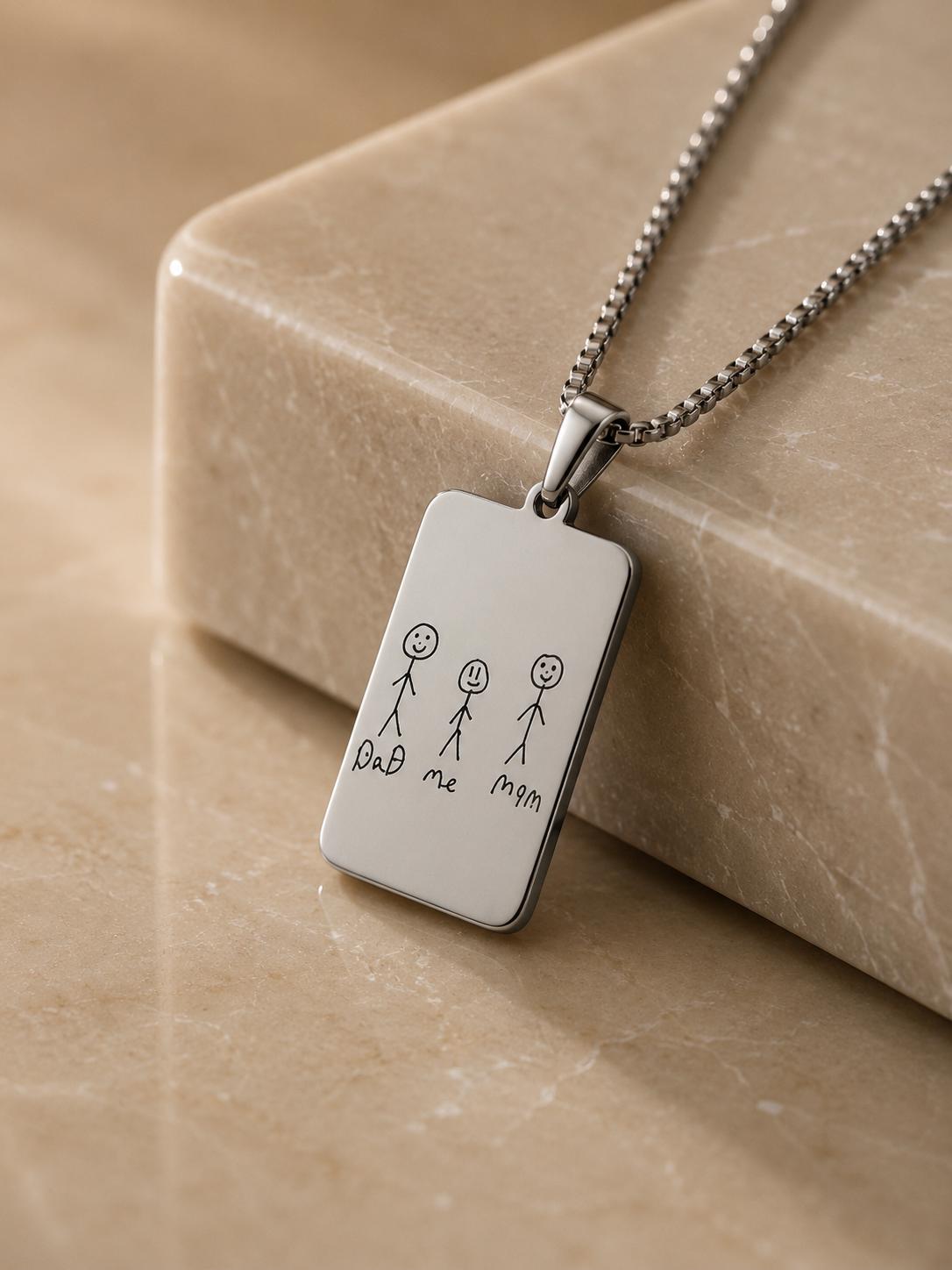 Personalized Handwriting Necklace, Custom Child Drawing Pendant, Stainless Steel Keepsake