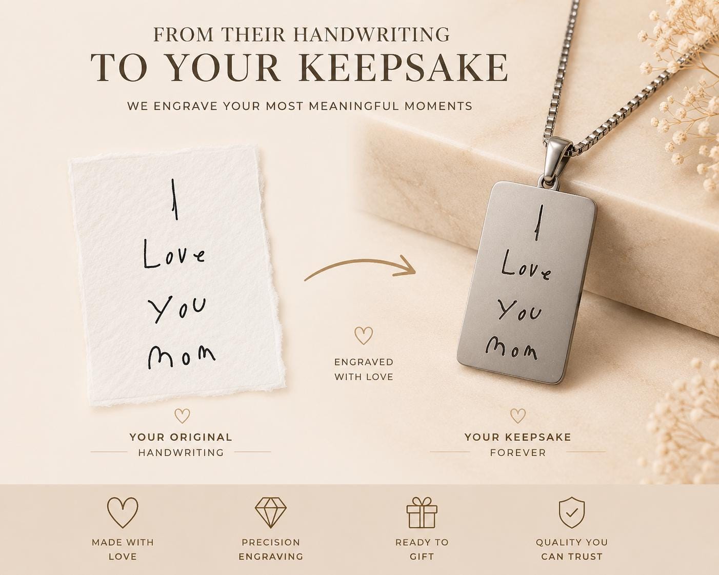 Personalized Handwriting Engraved Rectangle Pendant Necklace, Kids Writing Keepsake