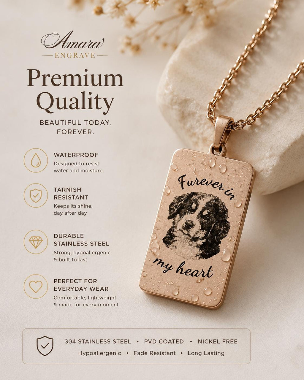Custom Pet Photo Necklace, Engraved Dog Memorial Pendant, Stainless Steel Keepsake Gift