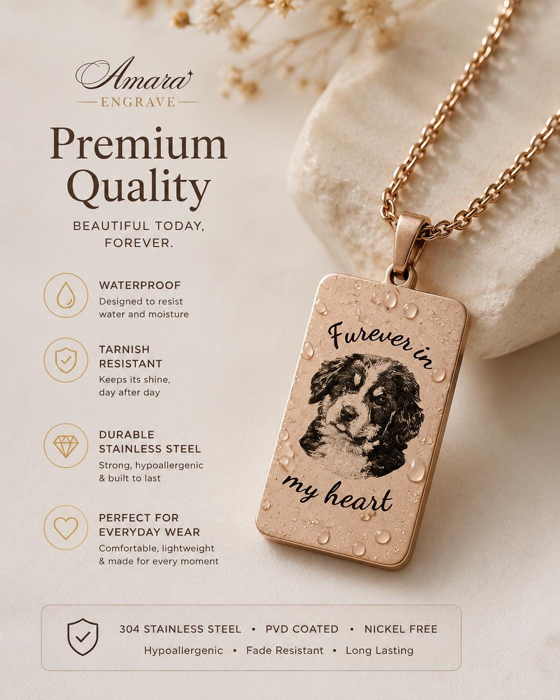 Custom Pet Photo Necklace, Engraved Dog Memorial Pendant, Stainless Steel Keepsake Gift