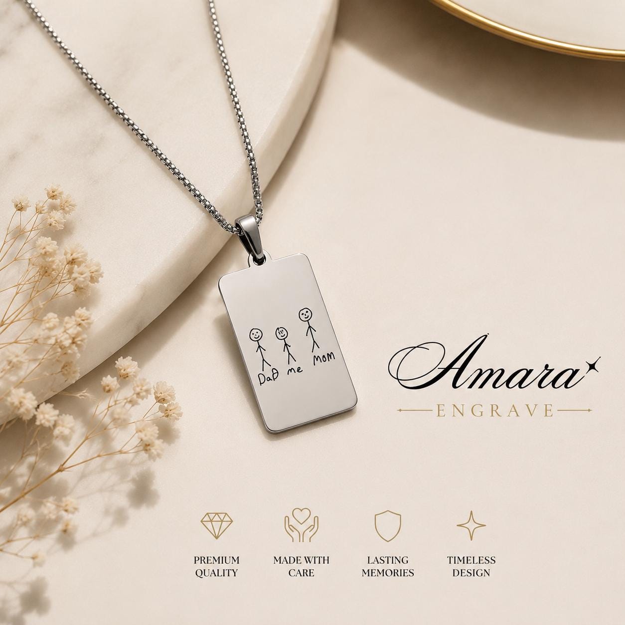 Personalized Handwriting Necklace, Custom Child Drawing Pendant, Stainless Steel Keepsake