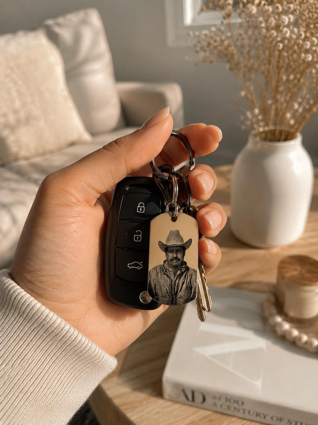 Personalized Photo Engraved Stainless Steel Keychain, Custom Keepsake Gift
