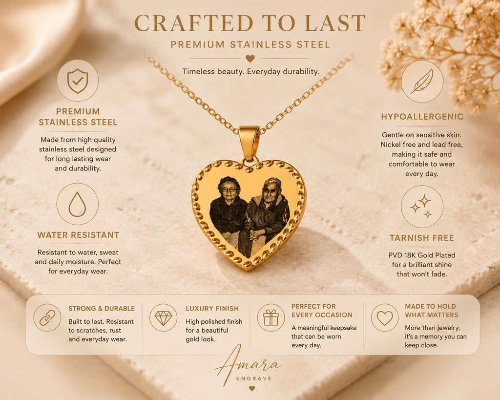 Custom Heart Photo Necklace, Engraved Memorial Pendant, Personalized Keepsake Jewelry