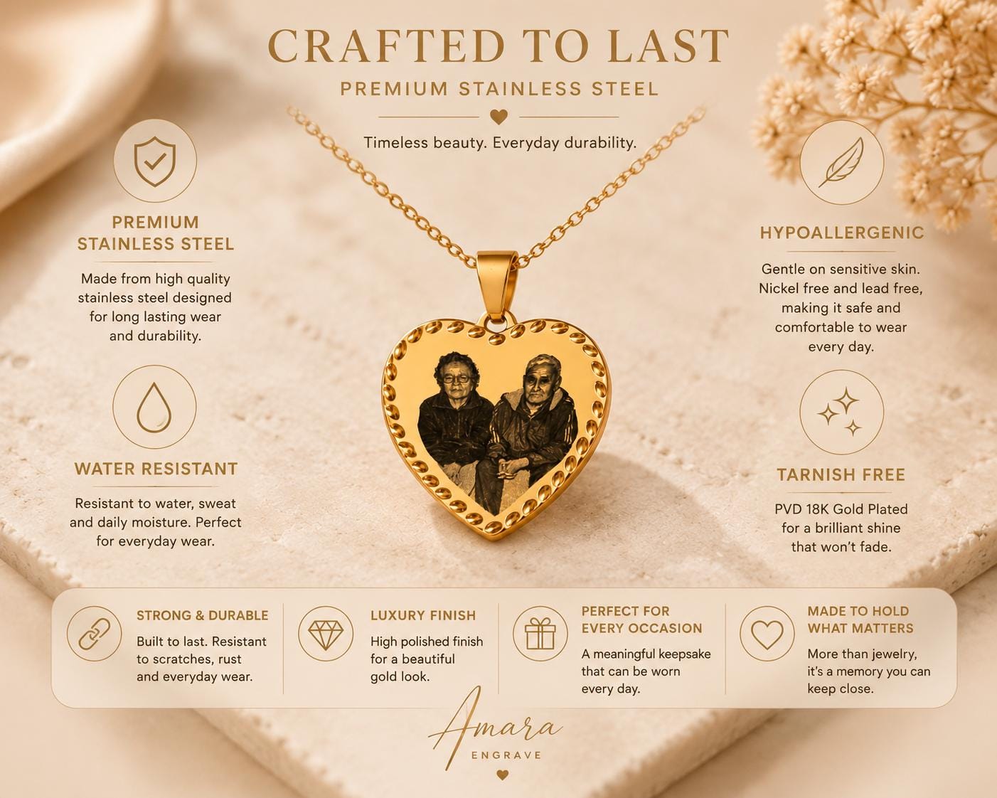 Custom Heart Photo Necklace, Engraved Memorial Pendant, Personalized Keepsake Jewelry