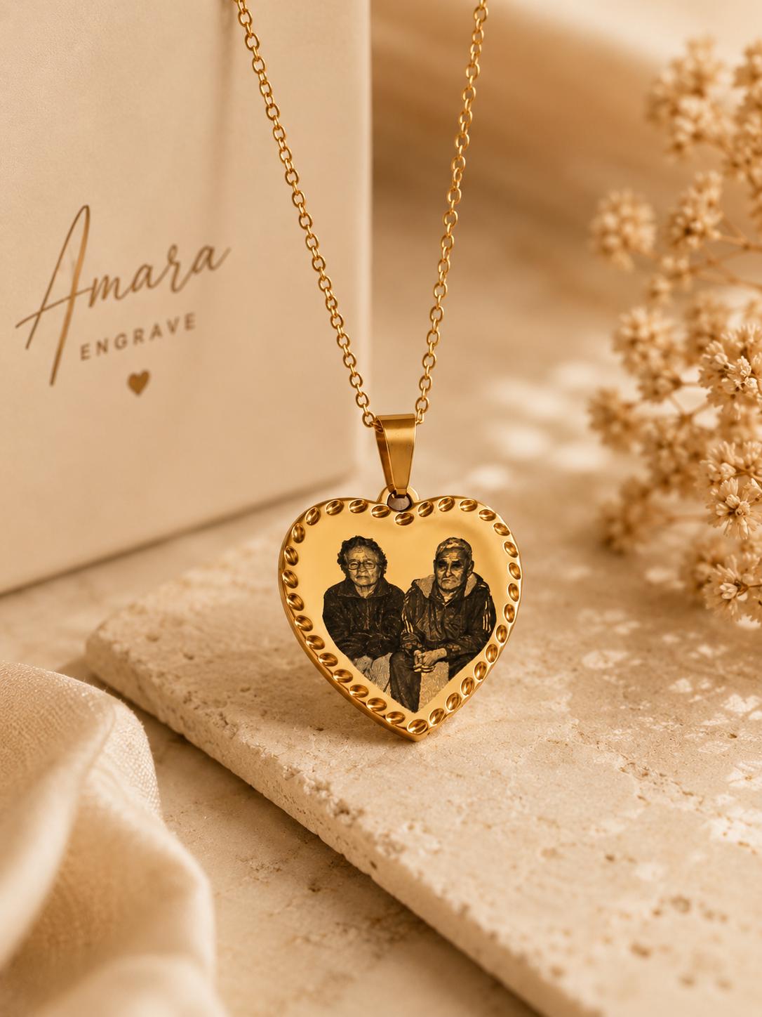 Custom Heart Photo Necklace, Engraved Memorial Pendant, Personalized Keepsake Jewelry